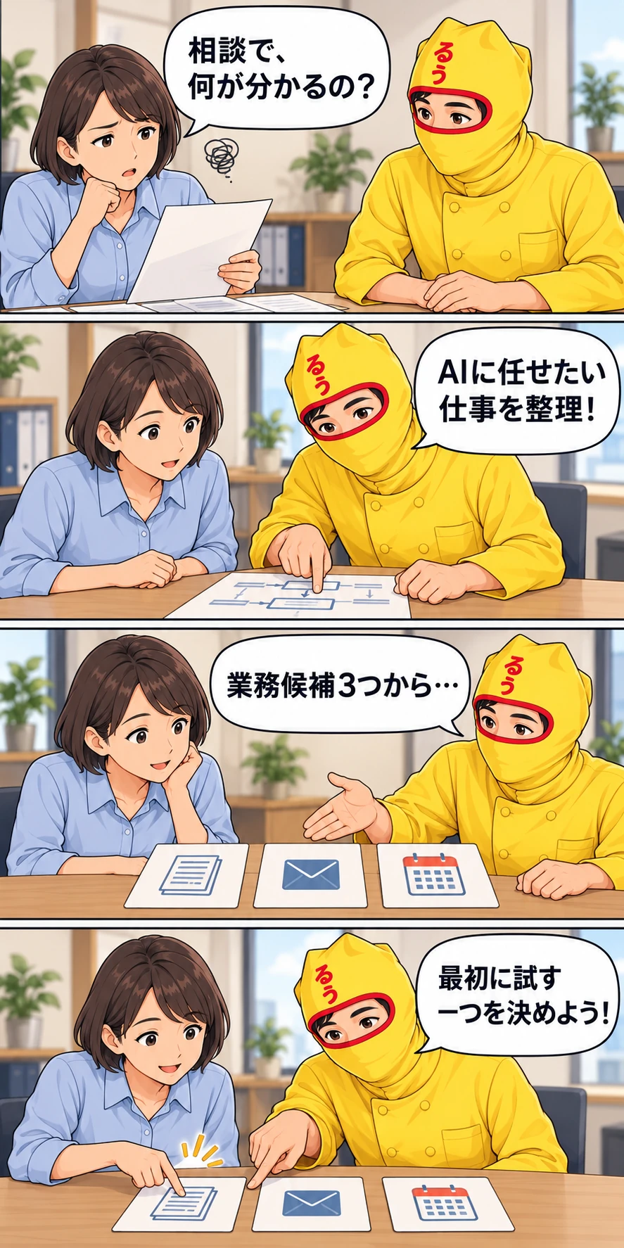 上から読む4コマ。相談の価値が分からない担当者に、ルウ王子が任せたい仕事の候補3つと、最初に試す一つを整理することを説明する。